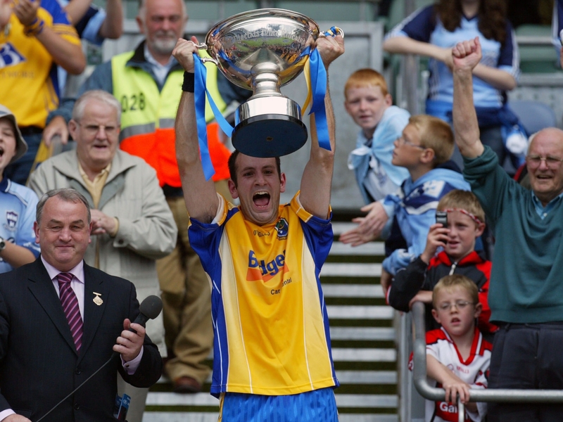 Roscommon captain Mervyn Connaughton holds aloft the Nicky Rackard Cup