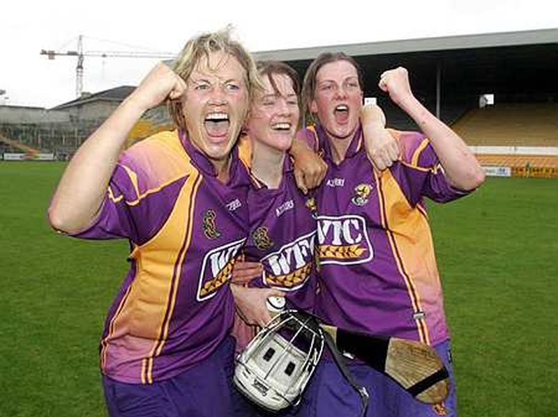 Michelle Hearne, Kate Kelly and Caroline Murphy celebrate Wexford's win