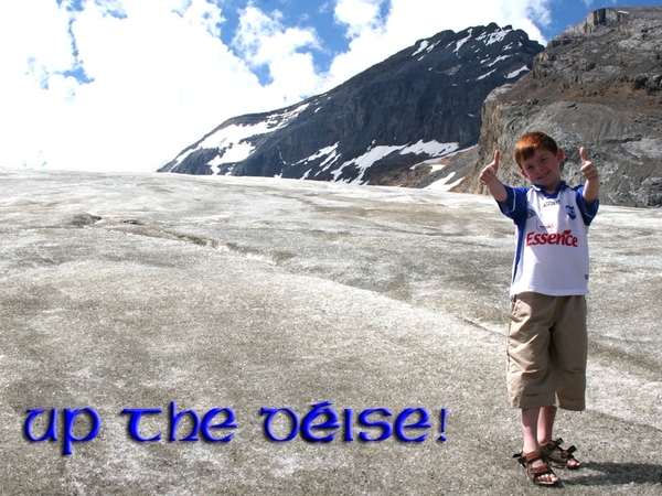 Eoghan (8) from Butlerstown, Co Waterford on the Athabasca Glacier in the Columbia Icefields, Canadian Rockies.