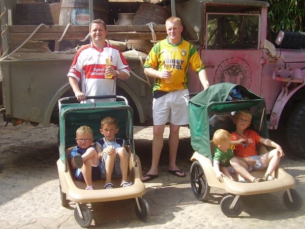 Seamas and Brian enjoying a pint in Port Aventura Salou Spain.