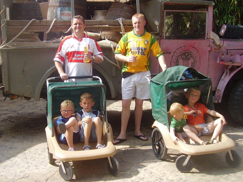 Seamas and Brian enjoying a pint in Port Aventura Salou Spain.