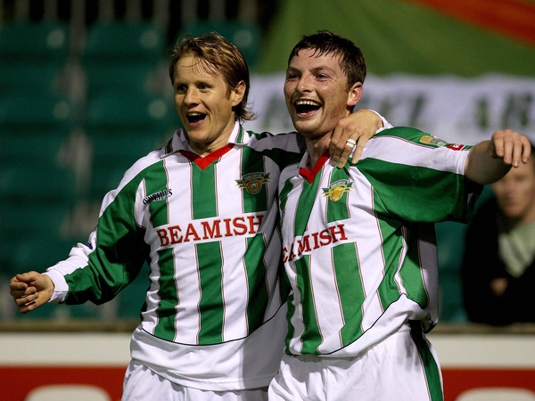 Cork City goalscores Colin O'Brien (l) and Denis Behan celebrate during the victory over UCD