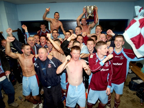 Cobh Ramblers players celebrate their First Division title success