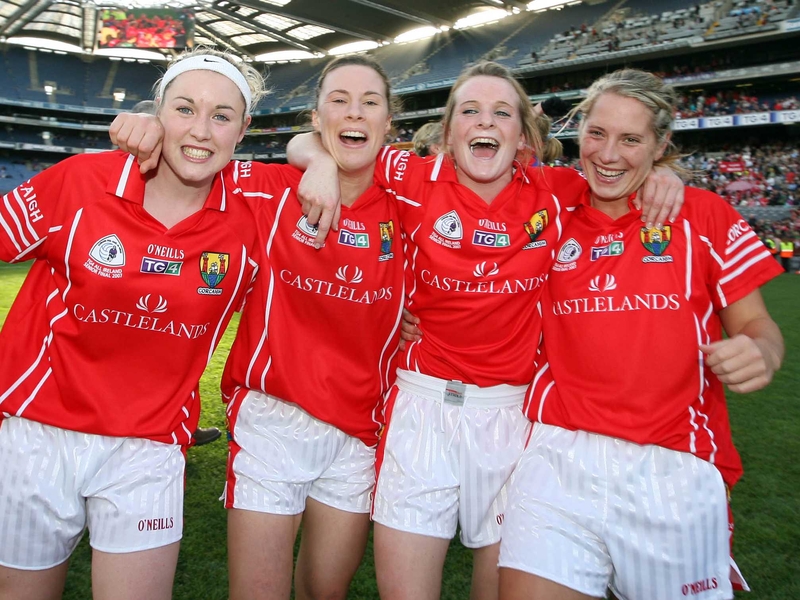 Cork players celebrate after defeating Mayo in this year's final