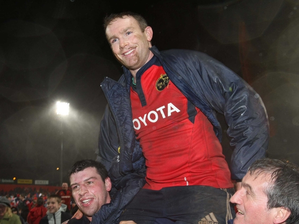 John Kelly is held aloft after playing his last game in a Munster jersey