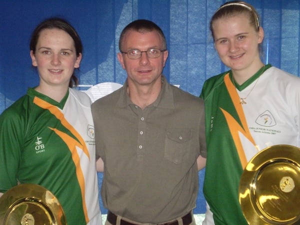 Aisling Reilly (Antrim) and Leona Doolin (Roscommon) with Team Manager Michael 'Ducksy' Walsh