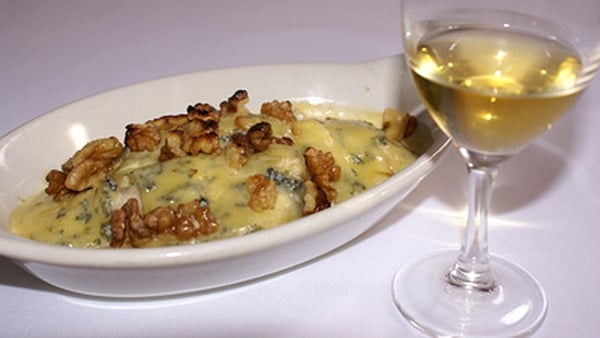 Gratin of Comice Pears, with Cashel Blue, Walnuts