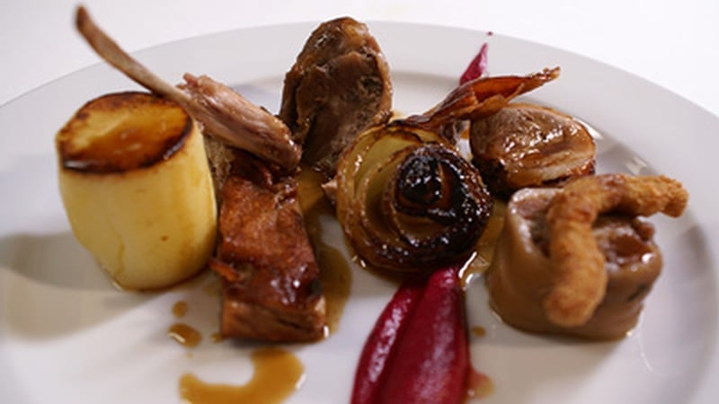 Roast Suckling Pig with Beetroot Purée and Cider and Sage Sauce