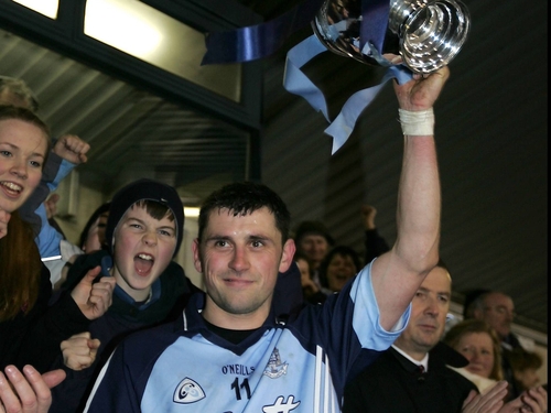 Dublin captain Alan Brogan lifts the O'Byrne Cup at Parnell Park tonight