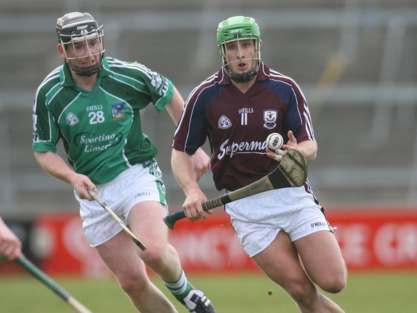 Galway's Fergal Healy gets away from Kevin Tobin at the Gaelic Grounds this afternoon