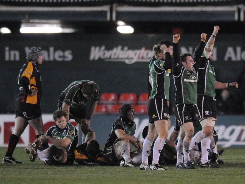 Connacht players celebrate their 13-11 victory over the Newport-Gwent Dragons