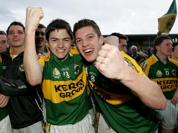 Brian Looney and David Moran celebrate Kerry's seven-point victory over Kldare in Thurles