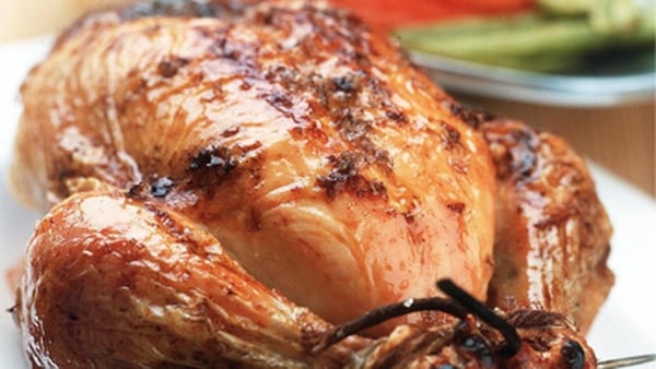 Asian Spiced Pan Roast chicken served with a Warm Chicken Salad and Rice Cake Patties: Heat