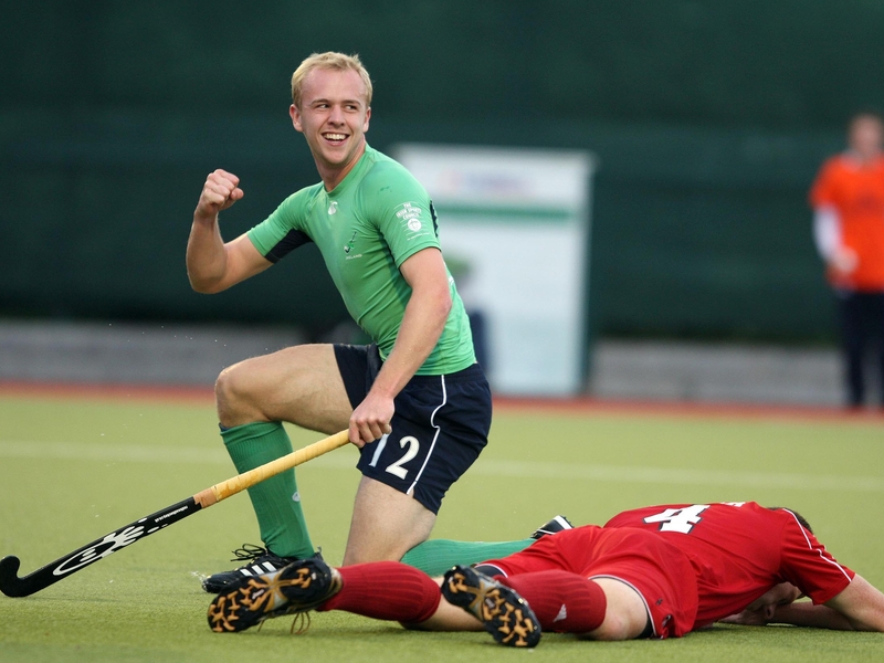 Eugene Magee celebrates his goal against Canada at UCD yesterday