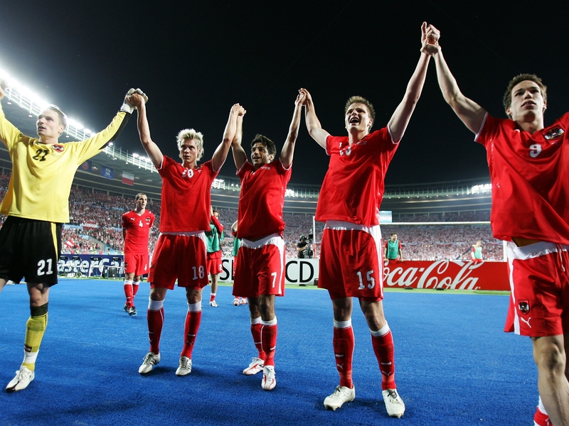 Austria celebrate their draw with Poland, knowing they have a chance on qualification in Vienna on Monday evening