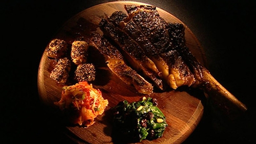 Richard Corrigan's Double Bone Rib of Beef with Salsa Rossa and Spinach Alla Romana