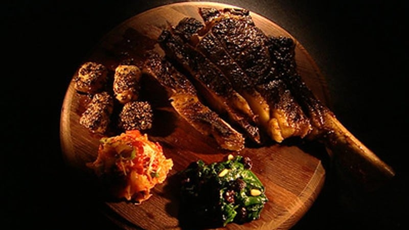 Richard Corrigan's Double Bone Rib of Beef with Salsa Rossa and Spinach Alla Romana