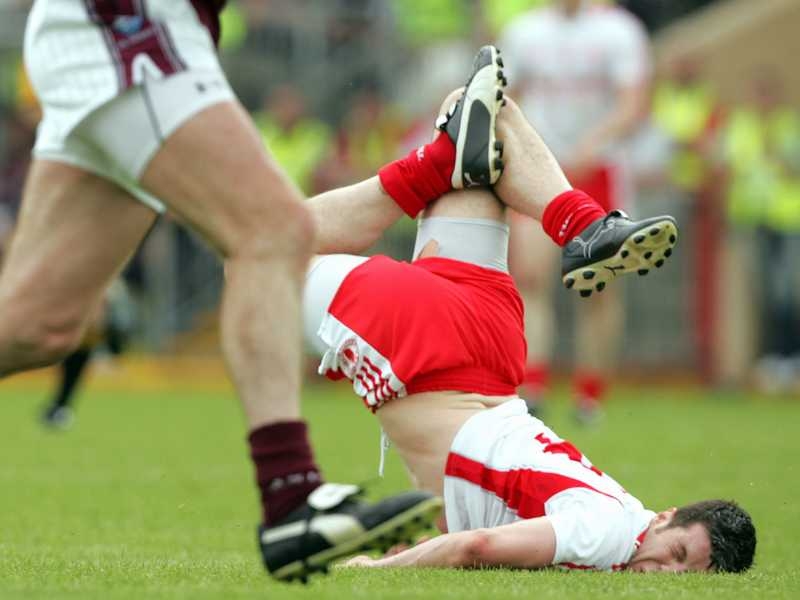 Tyrone star Sean Cavanagh had to be stretchered off after injuring himself in this incident
