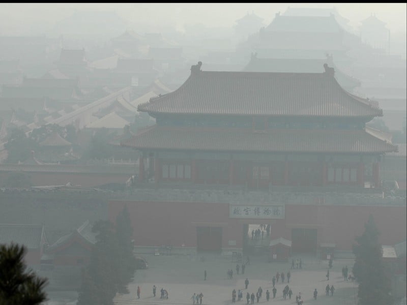 The Forbidden City, on a 'clear' day. Although the city is shrouded in smog and pollution, the official Government's website describes it as a 'moderately' polluted day.