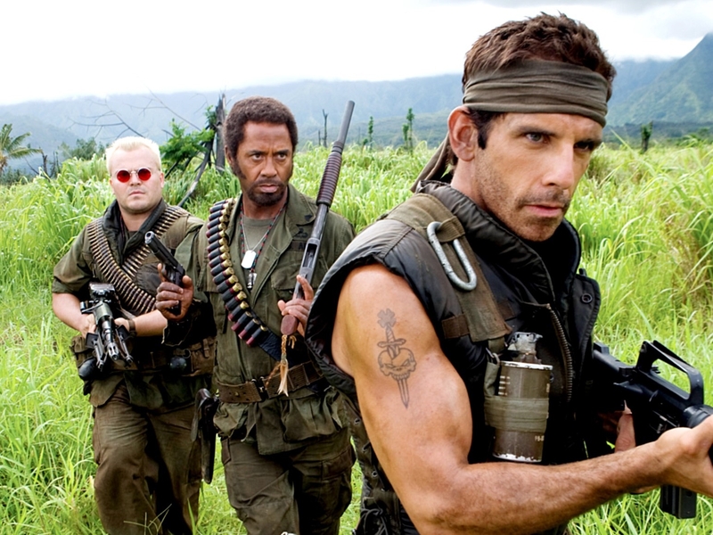 Tropic Thunder - Cruise's co-stars Jack Black (l), Robert Downey Jr and Ben Stiller