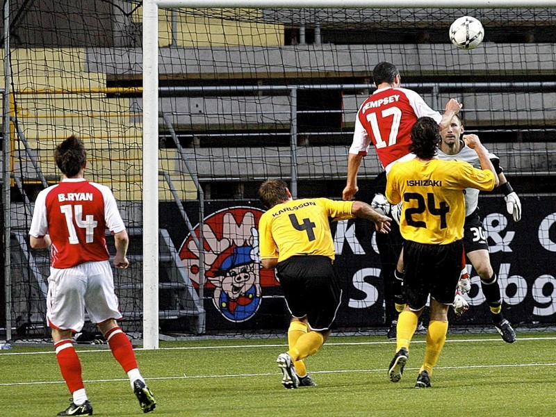 Gary Dempsey heads home the dramatic equaliser in Sweden as the Saints scored an impressive 2-2 draw in Sweden