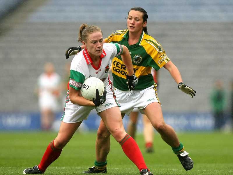 Mayo's Clare Egan holds off Deirdre Corridon of Kerry at Croke Park today