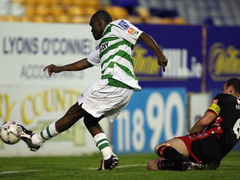 Man of the Match Joseph Ndo leaves Dan Murray trailing in his wake to score Rovers' second goal
