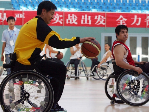 Basketball players in training for the Paralympic Games.