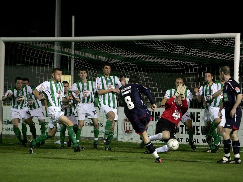 St Patrick's Athletic Keith Fahey blasts a free kick at Bray Wanderers 'keeper Alan Gough