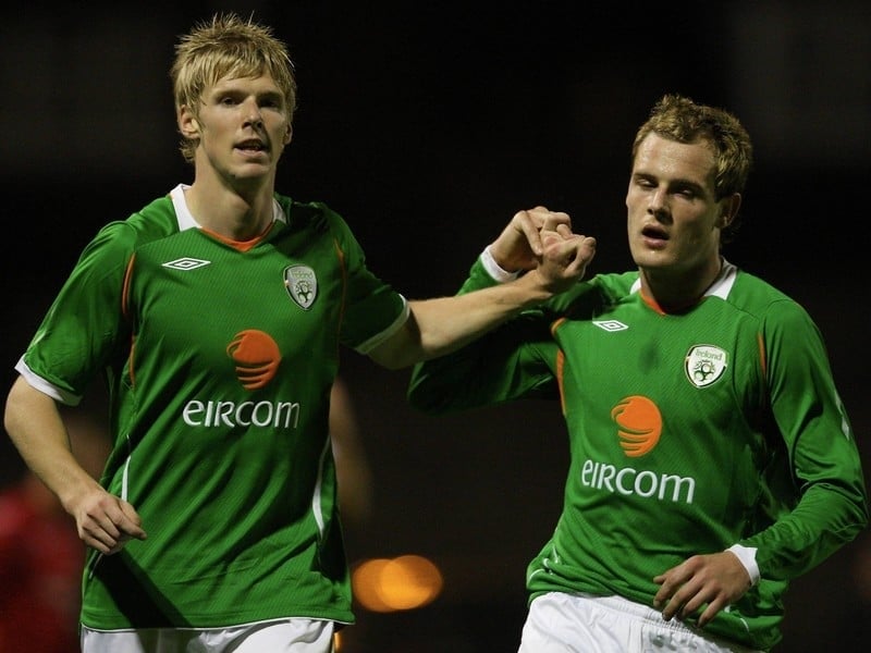 Andy Keogh celebrates his goal with Anthony Stokes