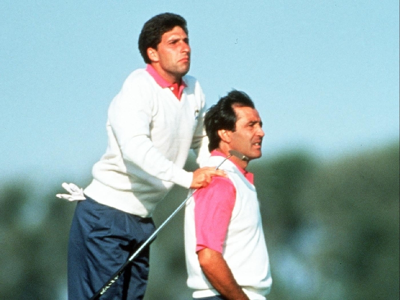 Jose Maria Olazabal (l) and Seve Ballesteros in Ryder Cup action together