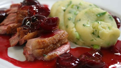 Michael Healy-Rae teams roast duck breast with a cherry compote.