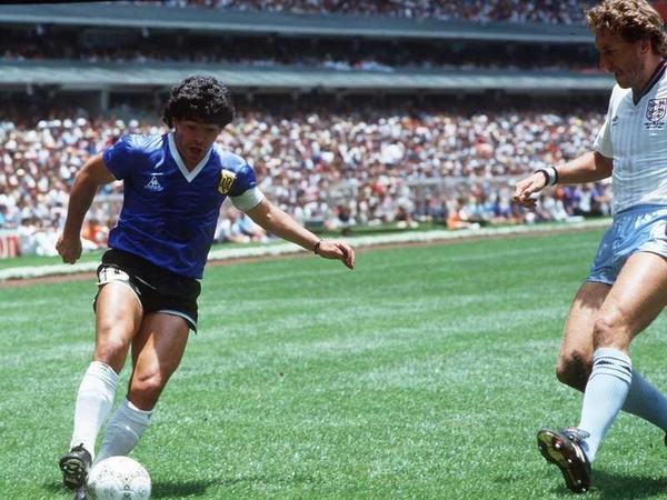 Maradona takes on Terry Butcher in the 1986 World Cup quarter-final