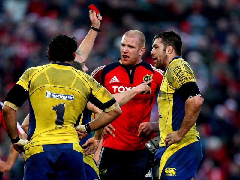 Jamie Cudmore (right) was sent off for punching Paul O'Connell (centre)