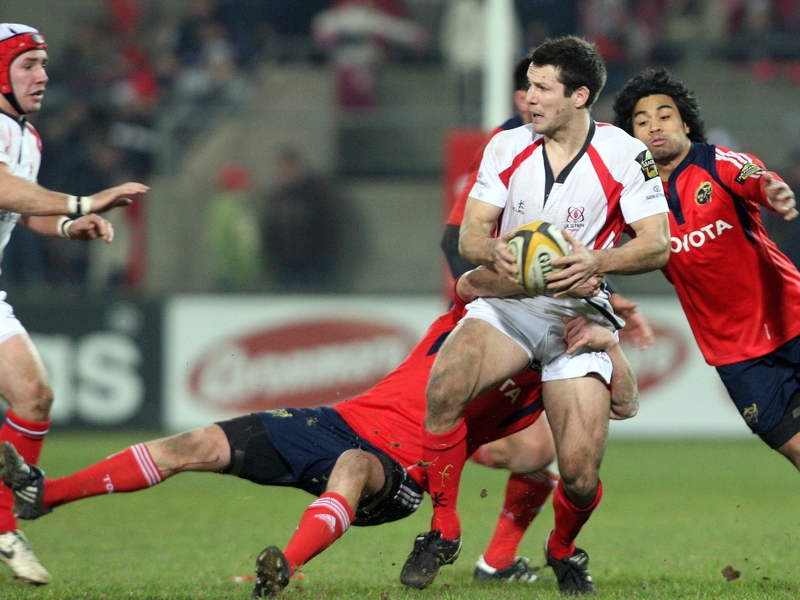 Clinton Schifcoske tackled by Lifeimi Mafi of Munster in Ulster's victory