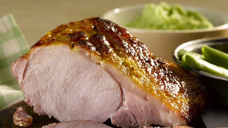 Glazed Loin Of Bacon With Pea And Potato Mash