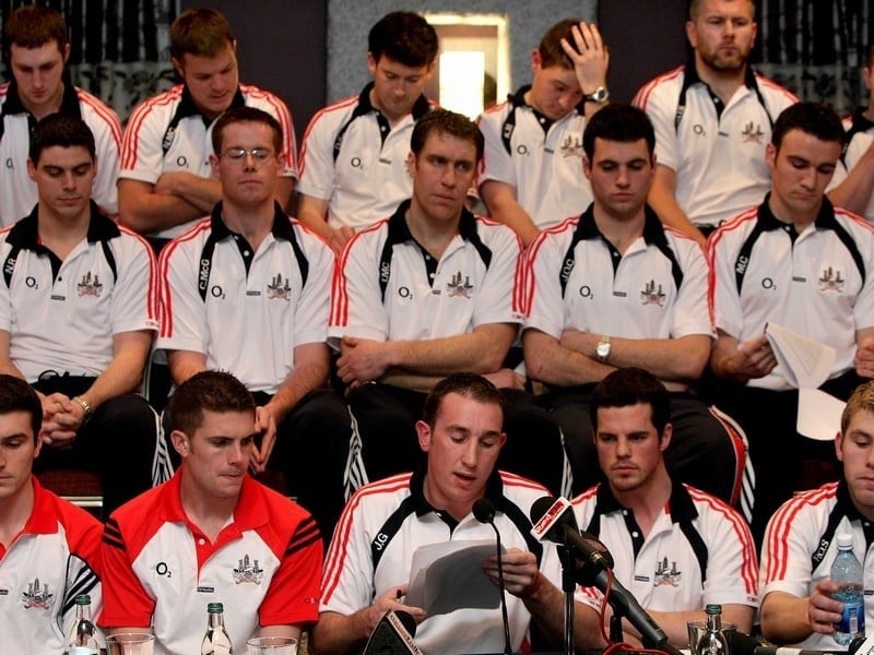 John Gardiner reads a statement on behalf of the 2008 Cork Hurling Panel