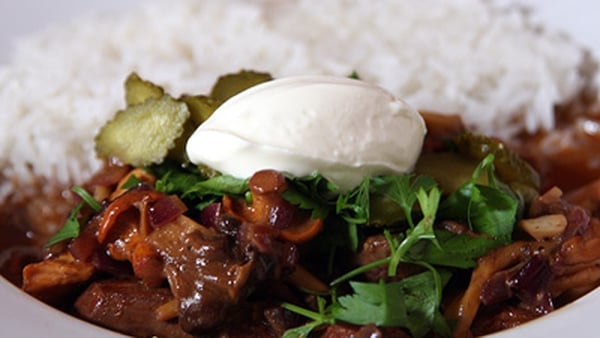 Venison and Wild Mushrooms in a Red Wine and Cream