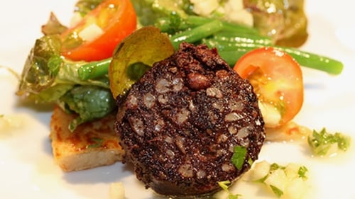 Pan Fried Boxty with Kelly's Black Pudding, Crisp Salad Leaves & Apple Vinaigrette