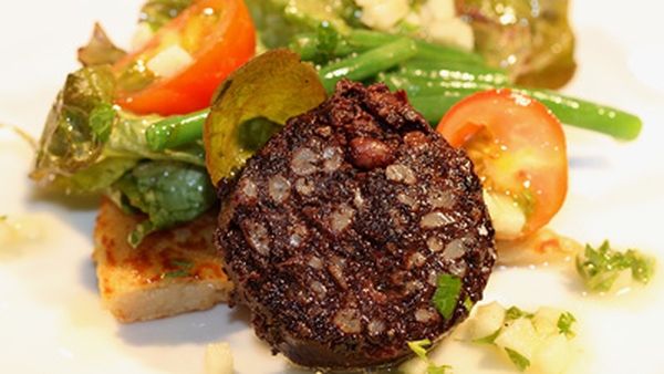 Pan Fried Boxty with Kelly's Black Pudding, Crisp Salad Leaves & Apple Vinaigrette
