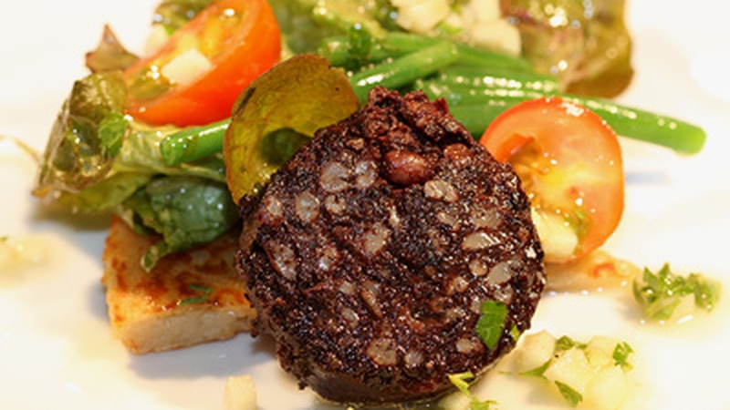 Pan Fried Boxty with Kelly's Black Pudding, Crisp Salad Leaves & Apple Vinaigrette