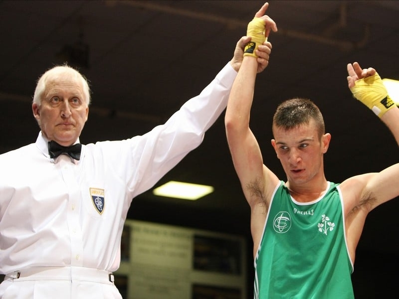 John Joe Nevin celebrates his victory over Ernie Garza