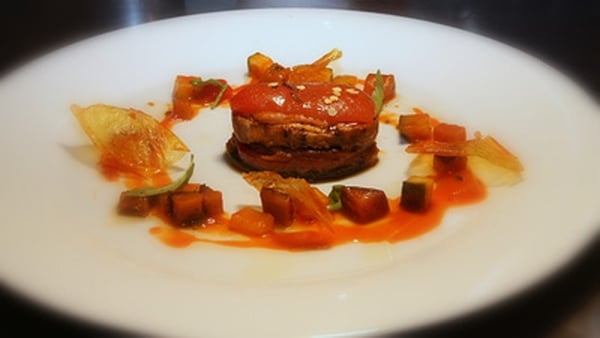 Seared Aubergine with Ratatouille and Fresh Tomato