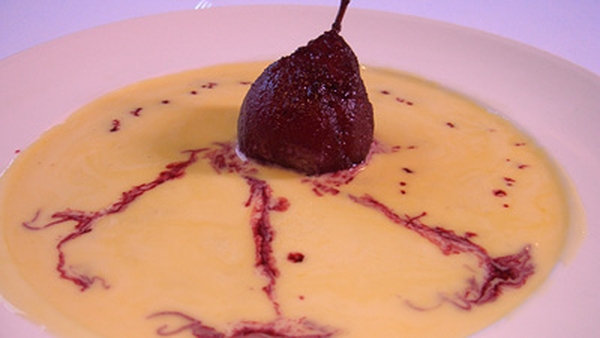 Pear Poached in Blackcurrant Juice with Bourbon Va