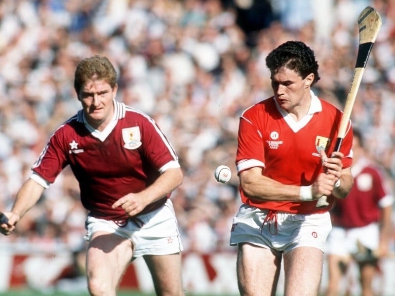 Denis Walsh in action against Galway's Noel Lane during Cork's 1990 All-Ireland Hurling final success