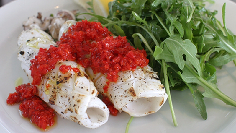 Squid with Black Pudding Stuffing and Tomato and Herb Sauce