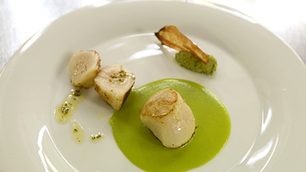 Scallops, Pea Puree with Mint Vinaigrette