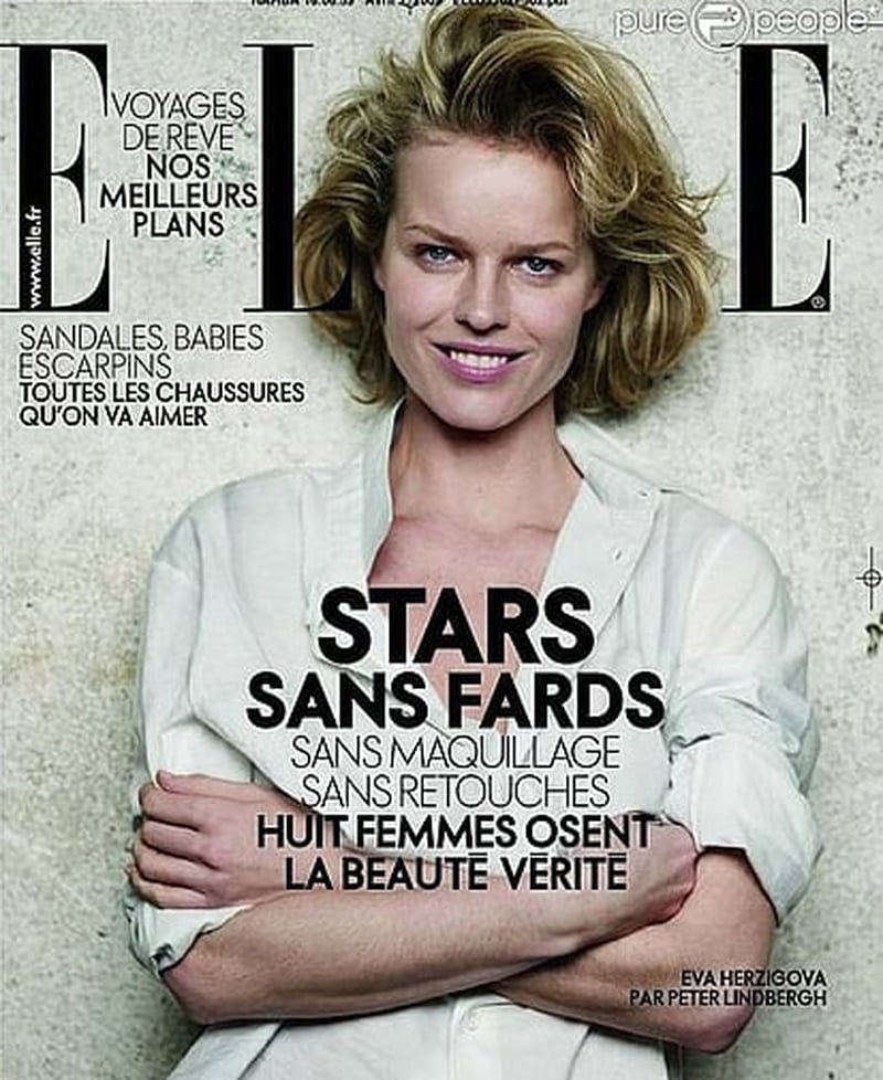 Eva Herzigova on the Elle cover without makeup