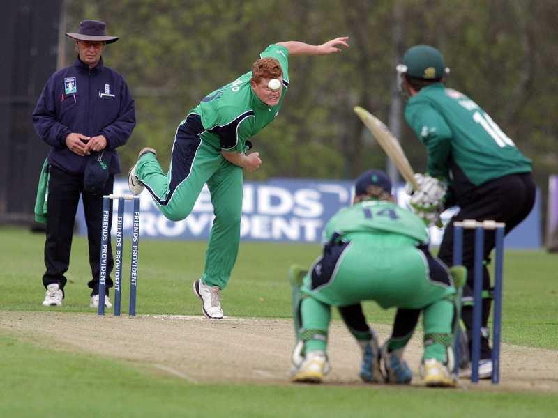 Kevin O'Brien bowling for Ireland