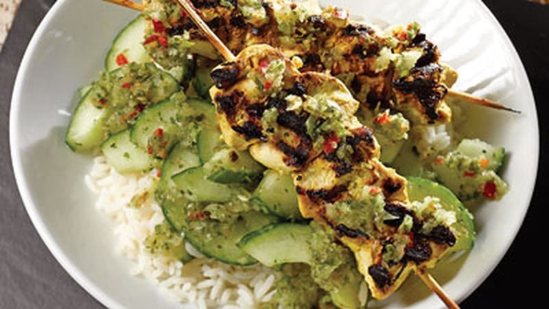 Chicken Tikka Kebabs with Cucumber and Coriander Relish